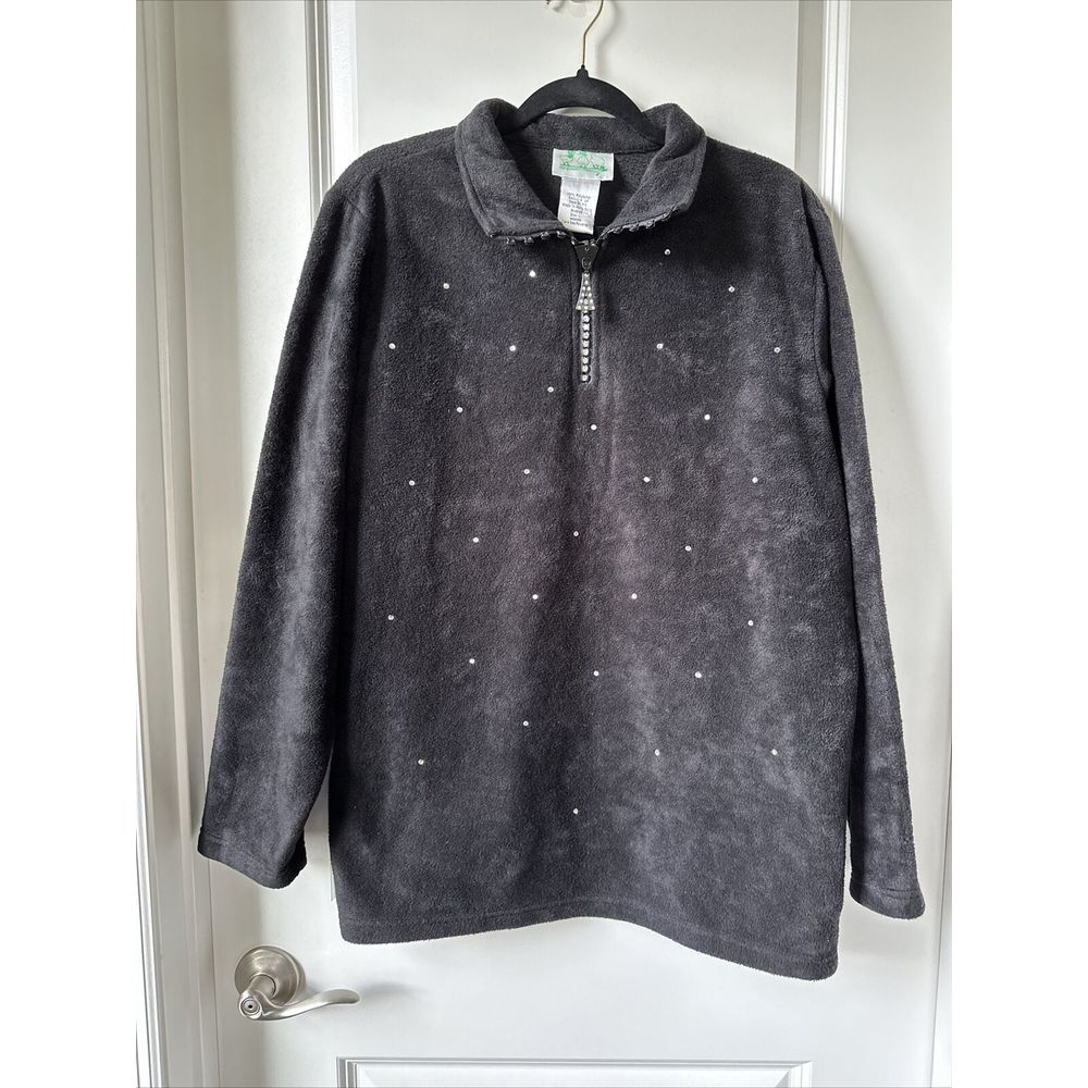 Quaker Factory Fleece Pullover Womens L Black Embellished Long Sleeve Diamond
